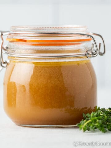 Clear Jar of a giblet stock recipe