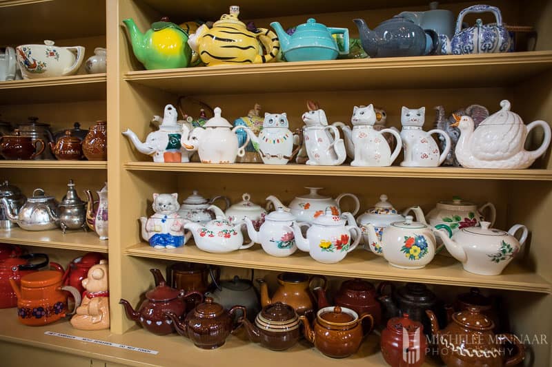 A wall of teapots in different shapes and sizes